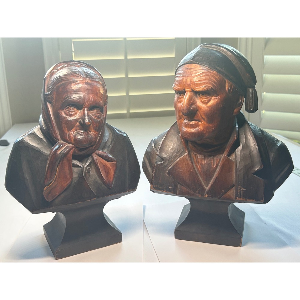 Hans Huggler Wyss Wood Carved Bust Set Unisex OS Brown Hand Carved Swiss Pair